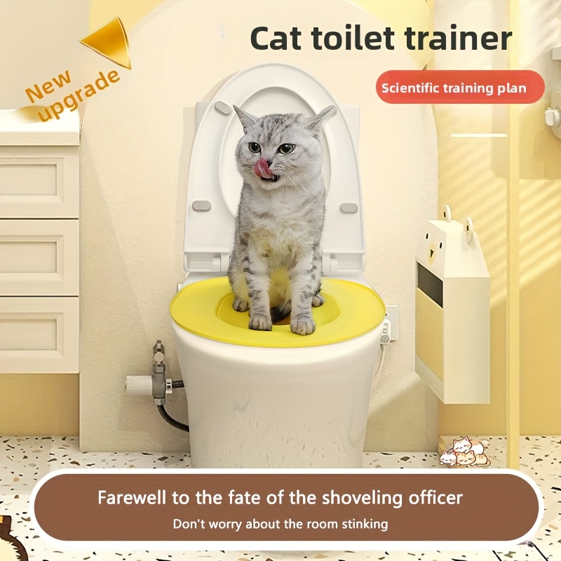 Didelis kačių tualeto mokymo dėžė – žmogaus stiliaus vonios kambario dizainas su geltonu sėdynės dangteliu