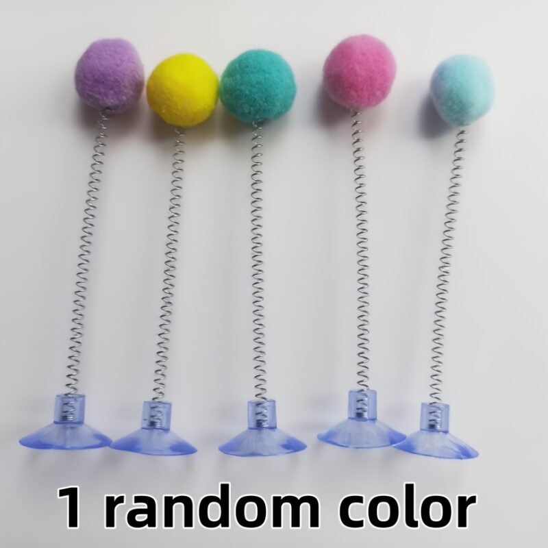 Interaktyvi katės žaislas su pliušiniu kamuoliuku, metaline spyruokle ir siurbiamu pagrindu