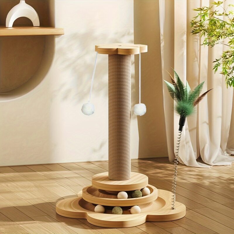 Aukščiausios kokybės interaktyvus sizalio katės draskymo stulpas su trajektorijos kamuoliuku ir kabamuoju kamuoliuku