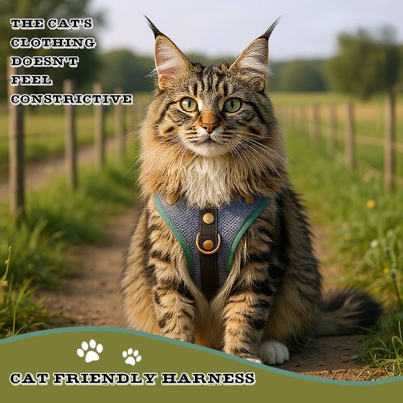 Nešiojamas kačių diržas, patogus ir su orui laidžiu tinkleliu bei reguliuojamomis sagtimis.